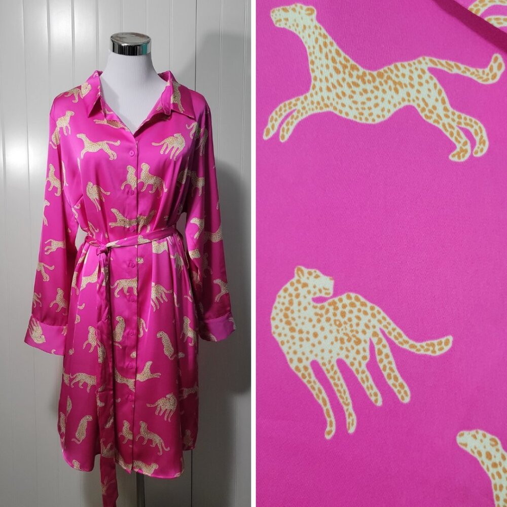 NWT Skies are Blue Curvy Pink Animal Cheetah Print Button Down Satin Shirt Dress